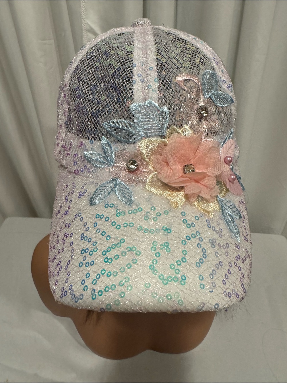 Embellished Floral Sequin Baseball Cap - Picture 3 of 8